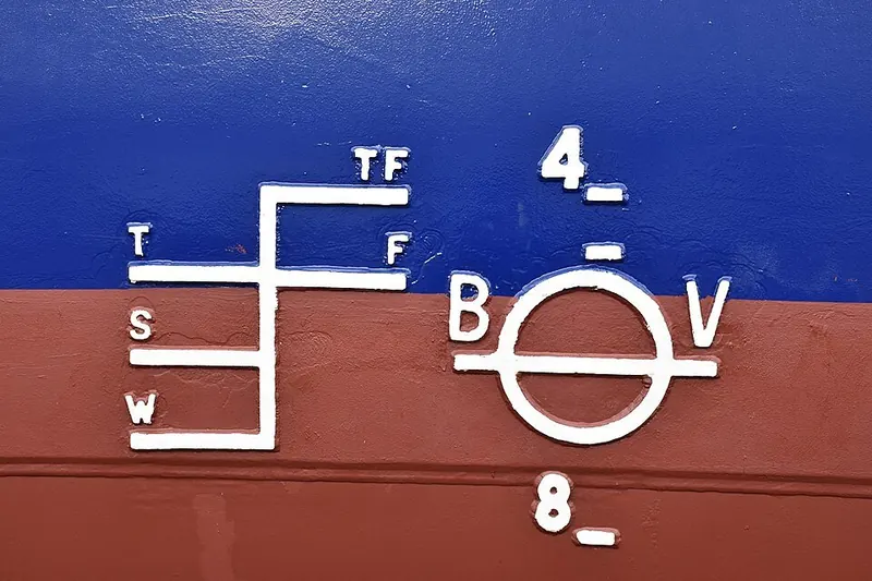 White load-line marks painted on the side of a ship