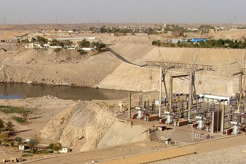 The Aswan High Dam with its power station and electricity pylons