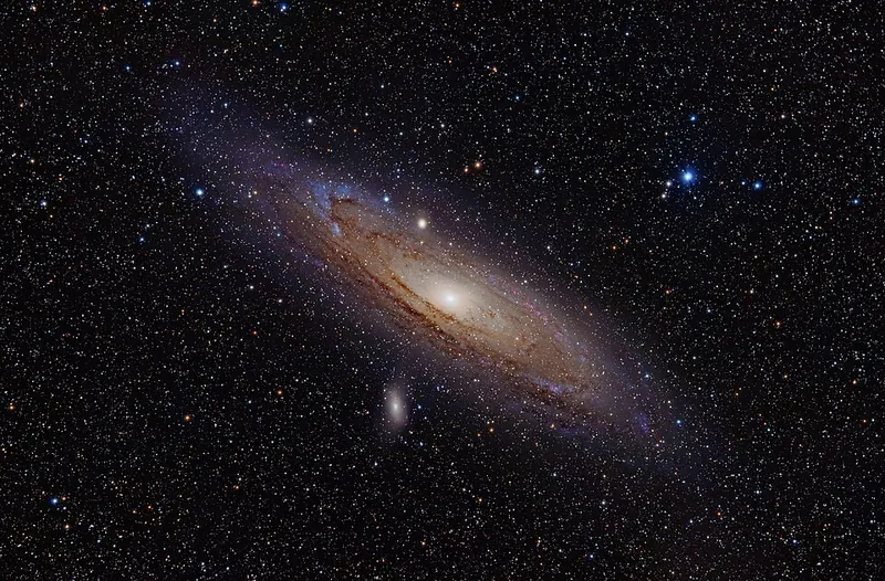 The Andromeda Galaxy, a large spiral galaxy seen at an angle