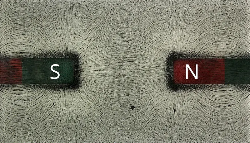 Iron filings between a south pole and a north pole of two bar magnets